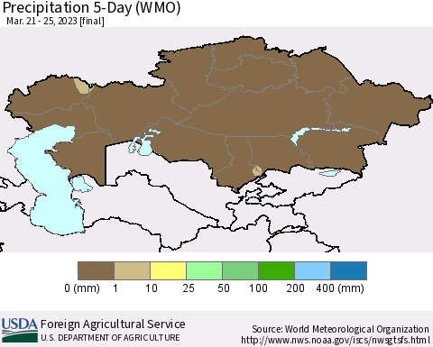 Kazakhstan Precipitation 5-Day (WMO) Thematic Map For 3/21/2023 - 3/25/2023