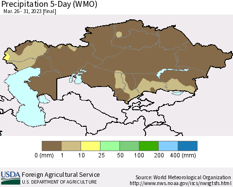 Kazakhstan Precipitation 5-Day (WMO) Thematic Map For 3/26/2023 - 3/31/2023