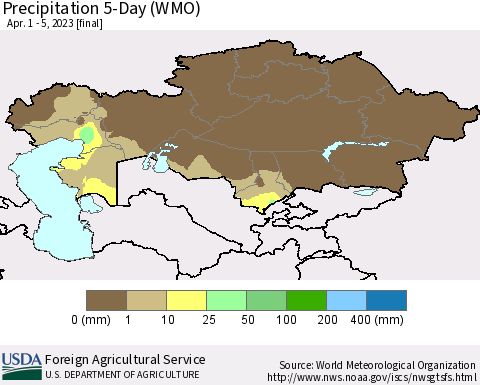 Kazakhstan Precipitation 5-Day (WMO) Thematic Map For 4/1/2023 - 4/5/2023