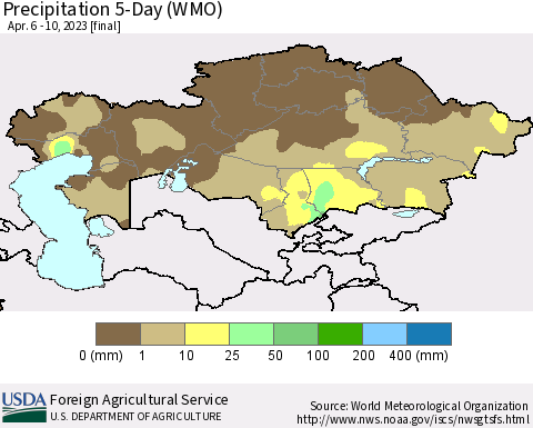 Kazakhstan Precipitation 5-Day (WMO) Thematic Map For 4/6/2023 - 4/10/2023