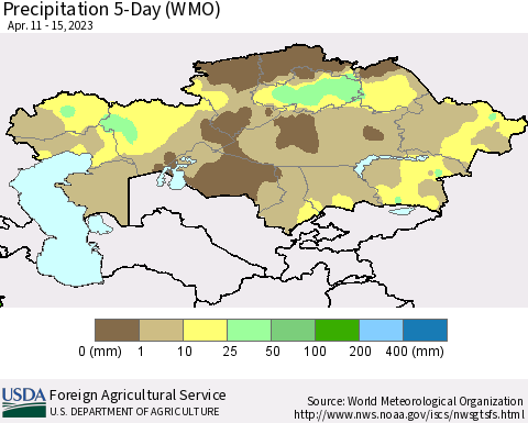 Kazakhstan Precipitation 5-Day (WMO) Thematic Map For 4/11/2023 - 4/15/2023