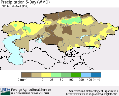 Kazakhstan Precipitation 5-Day (WMO) Thematic Map For 4/11/2023 - 4/15/2023