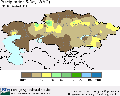 Kazakhstan Precipitation 5-Day (WMO) Thematic Map For 4/16/2023 - 4/20/2023