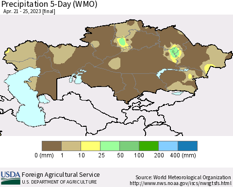 Kazakhstan Precipitation 5-Day (WMO) Thematic Map For 4/21/2023 - 4/25/2023