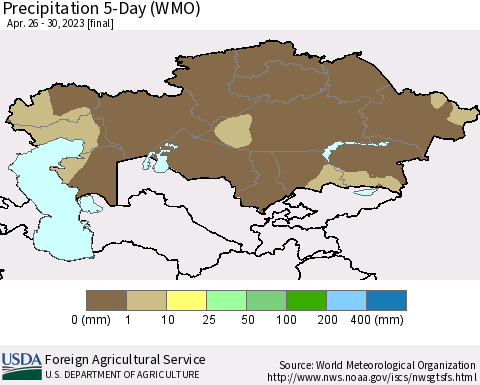 Kazakhstan Precipitation 5-Day (WMO) Thematic Map For 4/26/2023 - 4/30/2023