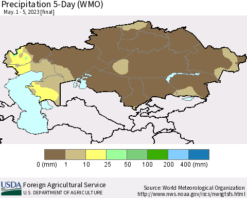 Kazakhstan Precipitation 5-Day (WMO) Thematic Map For 5/1/2023 - 5/5/2023