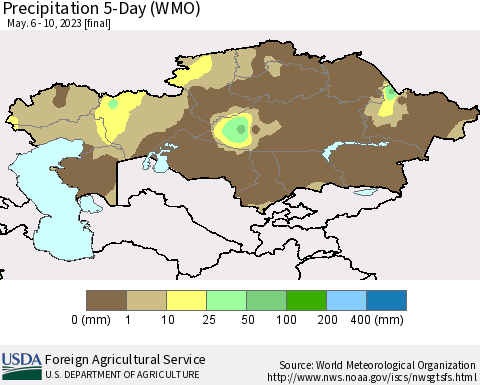 Kazakhstan Precipitation 5-Day (WMO) Thematic Map For 5/6/2023 - 5/10/2023