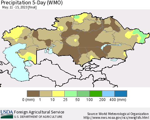 Kazakhstan Precipitation 5-Day (WMO) Thematic Map For 5/11/2023 - 5/15/2023
