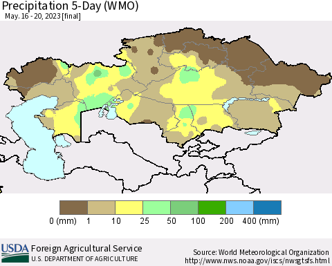 Kazakhstan Precipitation 5-Day (WMO) Thematic Map For 5/16/2023 - 5/20/2023