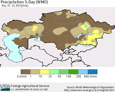 Kazakhstan Precipitation 5-Day (WMO) Thematic Map For 5/21/2023 - 5/25/2023
