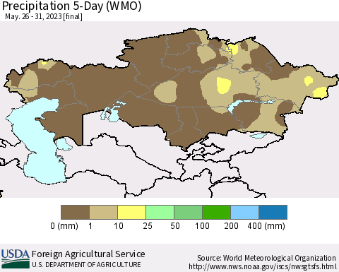 Kazakhstan Precipitation 5-Day (WMO) Thematic Map For 5/26/2023 - 5/31/2023