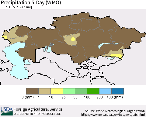Kazakhstan Precipitation 5-Day (WMO) Thematic Map For 6/1/2023 - 6/5/2023