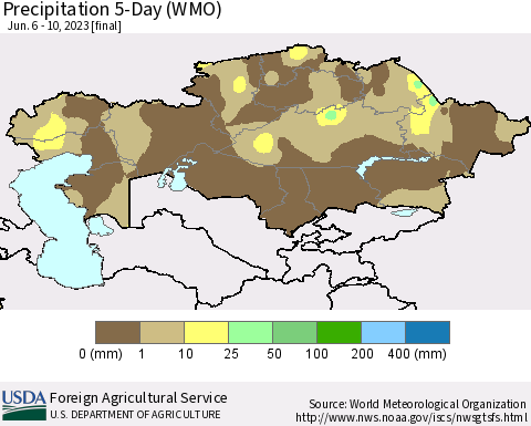 Kazakhstan Precipitation 5-Day (WMO) Thematic Map For 6/6/2023 - 6/10/2023