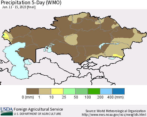 Kazakhstan Precipitation 5-Day (WMO) Thematic Map For 6/11/2023 - 6/15/2023