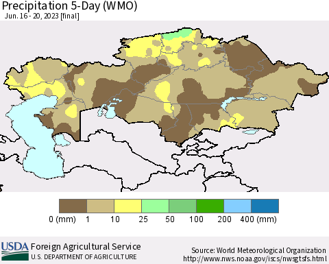 Kazakhstan Precipitation 5-Day (WMO) Thematic Map For 6/16/2023 - 6/20/2023