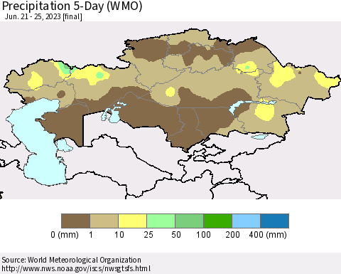 Kazakhstan Precipitation 5-Day (WMO) Thematic Map For 6/21/2023 - 6/25/2023