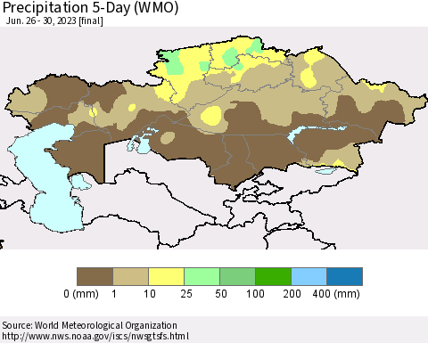 Kazakhstan Precipitation 5-Day (WMO) Thematic Map For 6/26/2023 - 6/30/2023