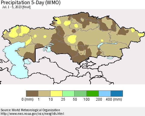 Kazakhstan Precipitation 5-Day (WMO) Thematic Map For 7/1/2023 - 7/5/2023