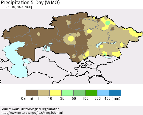 Kazakhstan Precipitation 5-Day (WMO) Thematic Map For 7/6/2023 - 7/10/2023