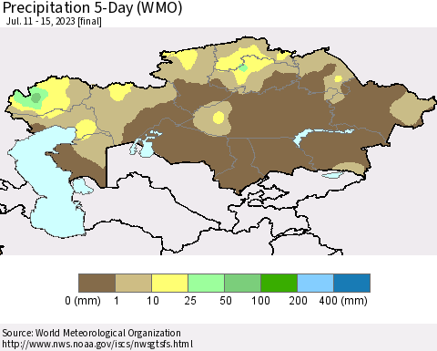 Kazakhstan Precipitation 5-Day (WMO) Thematic Map For 7/11/2023 - 7/15/2023