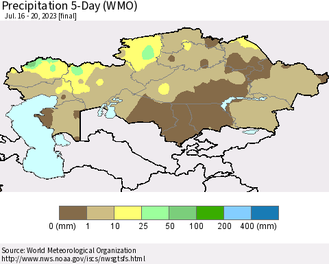 Kazakhstan Precipitation 5-Day (WMO) Thematic Map For 7/16/2023 - 7/20/2023