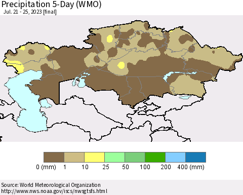 Kazakhstan Precipitation 5-Day (WMO) Thematic Map For 7/21/2023 - 7/25/2023