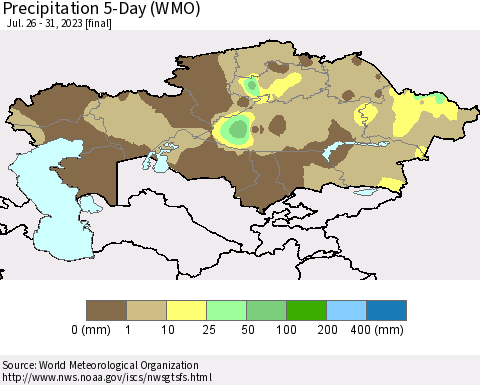 Kazakhstan Precipitation 5-Day (WMO) Thematic Map For 7/26/2023 - 7/31/2023