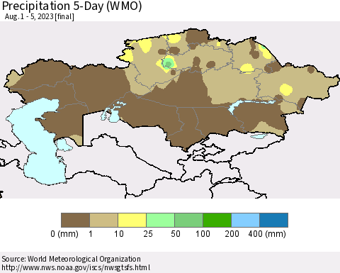 Kazakhstan Precipitation 5-Day (WMO) Thematic Map For 8/1/2023 - 8/5/2023