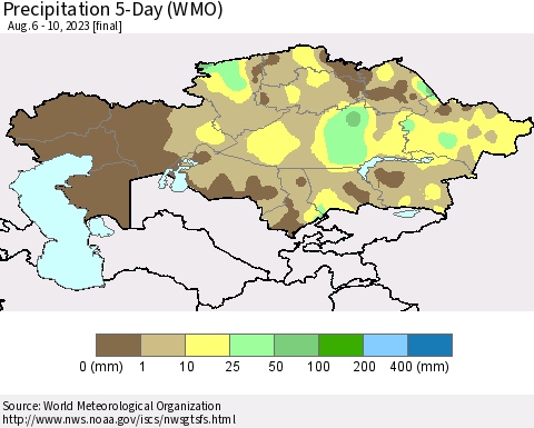 Kazakhstan Precipitation 5-Day (WMO) Thematic Map For 8/6/2023 - 8/10/2023