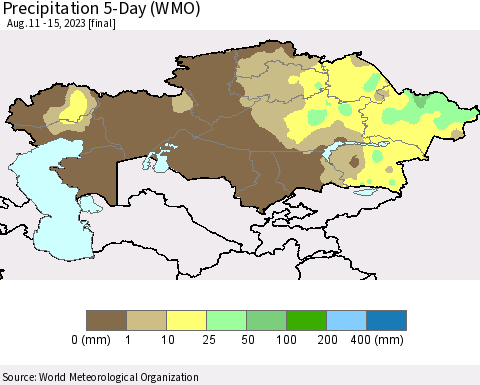 Kazakhstan Precipitation 5-Day (WMO) Thematic Map For 8/11/2023 - 8/15/2023