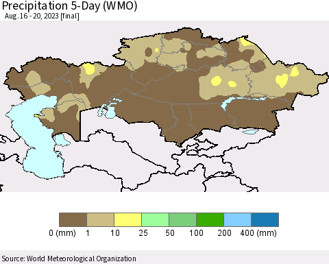 Kazakhstan Precipitation 5-Day (WMO) Thematic Map For 8/16/2023 - 8/20/2023
