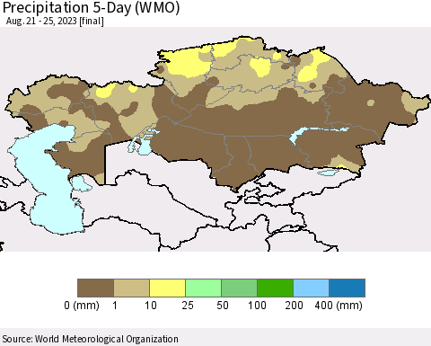 Kazakhstan Precipitation 5-Day (WMO) Thematic Map For 8/21/2023 - 8/25/2023