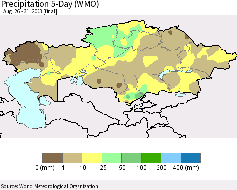 Kazakhstan Precipitation 5-Day (WMO) Thematic Map For 8/26/2023 - 8/31/2023
