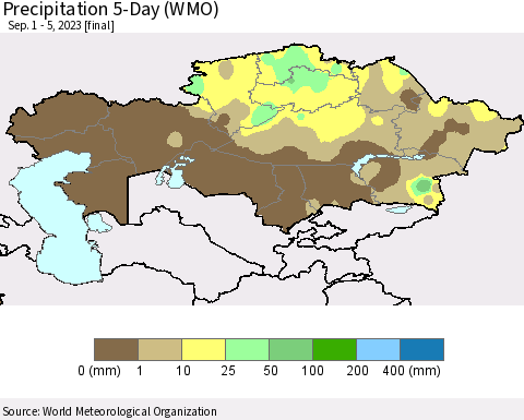 Kazakhstan Precipitation 5-Day (WMO) Thematic Map For 9/1/2023 - 9/5/2023