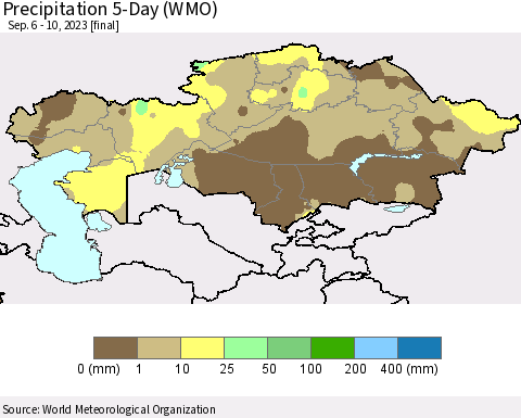 Kazakhstan Precipitation 5-Day (WMO) Thematic Map For 9/6/2023 - 9/10/2023