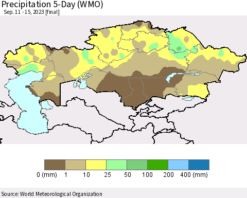 Kazakhstan Precipitation 5-Day (WMO) Thematic Map For 9/11/2023 - 9/15/2023