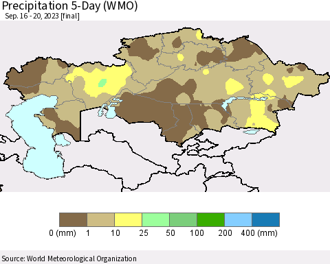 Kazakhstan Precipitation 5-Day (WMO) Thematic Map For 9/16/2023 - 9/20/2023