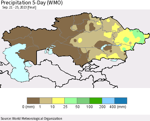 Kazakhstan Precipitation 5-Day (WMO) Thematic Map For 9/21/2023 - 9/25/2023