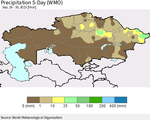 Kazakhstan Precipitation 5-Day (WMO) Thematic Map For 9/26/2023 - 9/30/2023