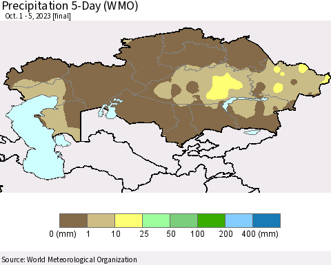 Kazakhstan Precipitation 5-Day (WMO) Thematic Map For 10/1/2023 - 10/5/2023