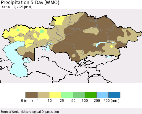 Kazakhstan Precipitation 5-Day (WMO) Thematic Map For 10/6/2023 - 10/10/2023