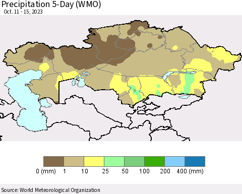 Kazakhstan Precipitation 5-Day (WMO) Thematic Map For 10/11/2023 - 10/15/2023