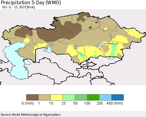 Kazakhstan Precipitation 5-Day (WMO) Thematic Map For 10/11/2023 - 10/15/2023