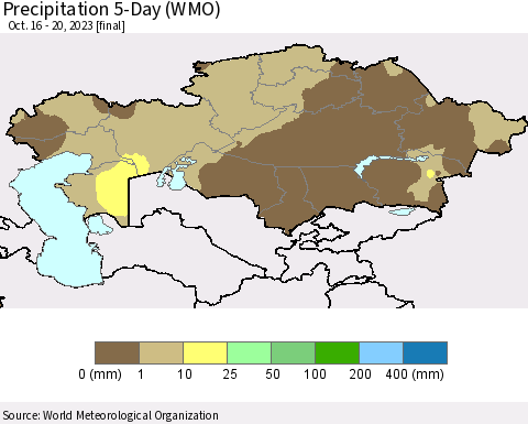 Kazakhstan Precipitation 5-Day (WMO) Thematic Map For 10/16/2023 - 10/20/2023