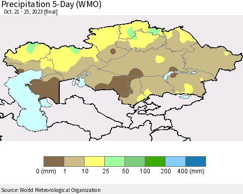 Kazakhstan Precipitation 5-Day (WMO) Thematic Map For 10/21/2023 - 10/25/2023