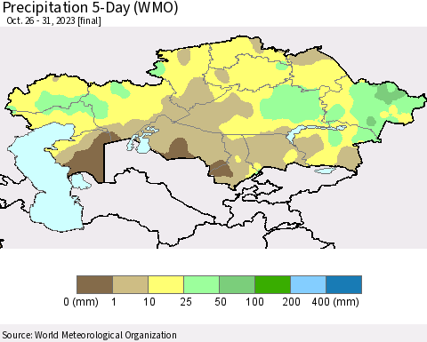 Kazakhstan Precipitation 5-Day (WMO) Thematic Map For 10/26/2023 - 10/31/2023