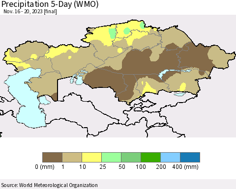 Kazakhstan Precipitation 5-Day (WMO) Thematic Map For 11/16/2023 - 11/20/2023