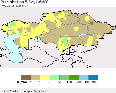 Kazakhstan Precipitation 5-Day (WMO) Thematic Map For 11/21/2023 - 11/25/2023