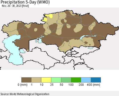 Kazakhstan Precipitation 5-Day (WMO) Thematic Map For 11/26/2023 - 11/30/2023