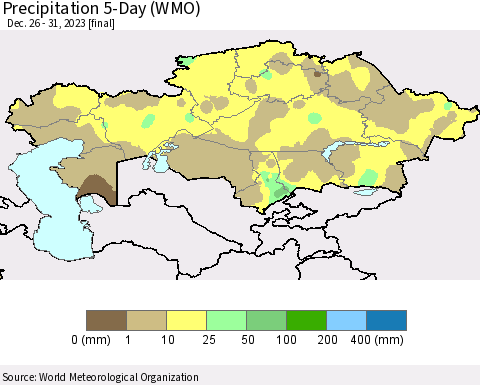 Kazakhstan Precipitation 5-Day (WMO) Thematic Map For 12/26/2023 - 12/31/2023